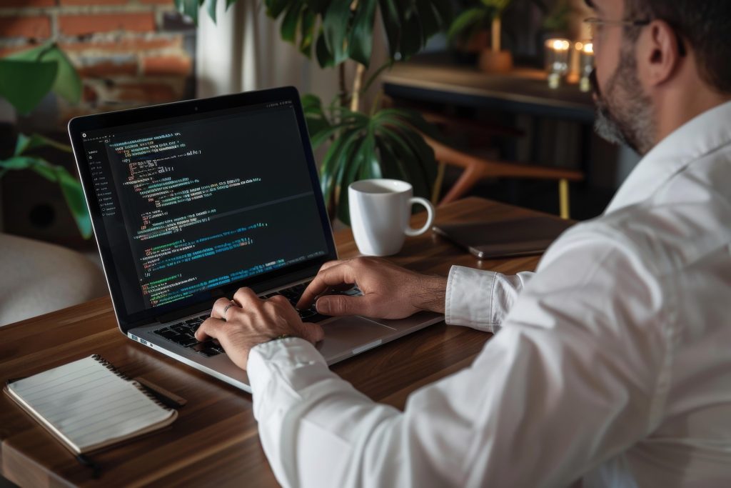 IT contractor fejlesztő munka közben laptopon dolgozva